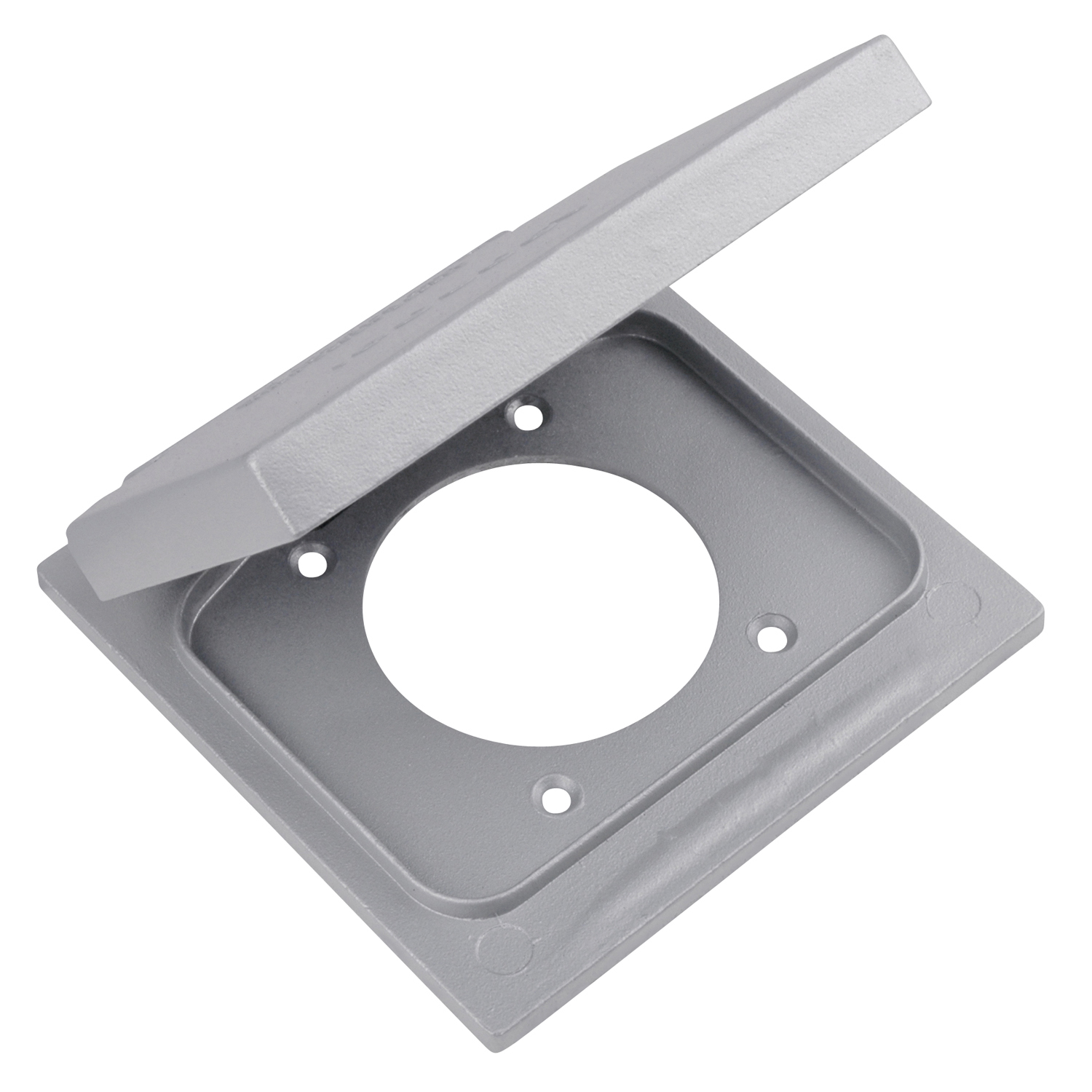 2 Gang Device Box Cover, Die Cast Aluminum, Single Receptacle, Device Mount, Hole Diameter 2-1/4 Inch, Raintight When Used with Appropriate Box, Gasket and Screws Included with Cover