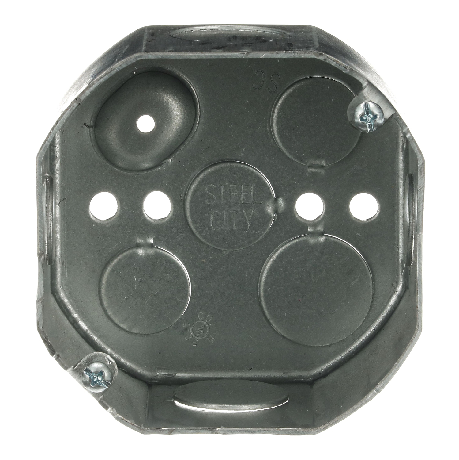 Octagon Box, 22.5 Cubic Inches, 4 Inch Diameter x 2-1/8 Inches Deep, 12/ Inch and 3/4 Inch  Knockouts, Pre-Galvanized Steel, Drawn Construction, For use with Conduit
