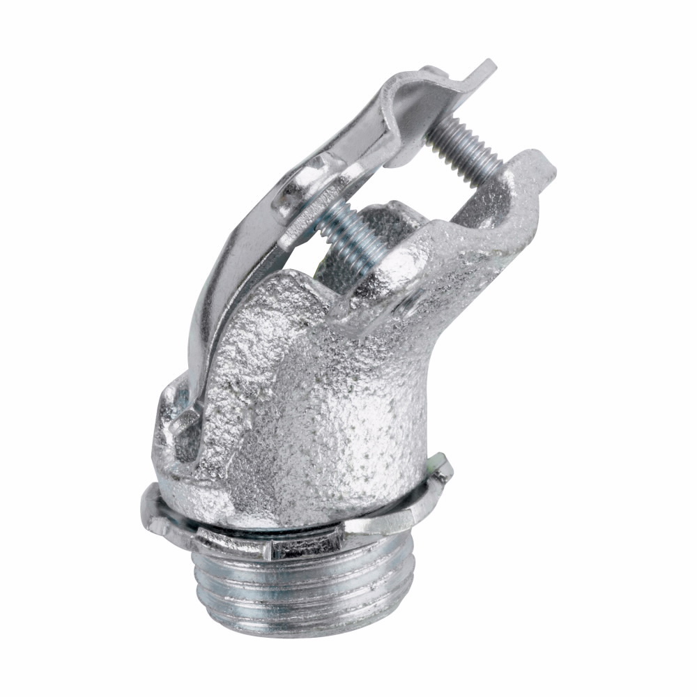 Eaton Crouse-Hinds series AC/MC clamp type connector, AC/MC and FMC, 45 angle, Non-insulated, Malleable iron, 3/4"