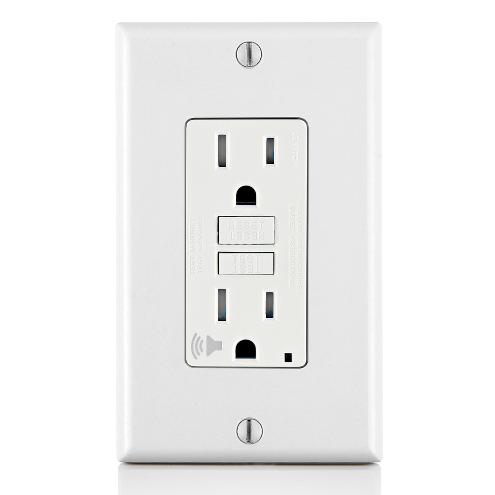 Audible Self-Test Tamper Resistant GFCI Receptacle.Nema 5-15R 15A-125v @ Receptacle, 20A-125V Feed-through, Lighted, Self-ground Clip, Wallplate Included - White, W/white Test And Reset Button.