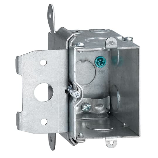 Single Gang Adjustable Wall Box, 20 Cubic Inches, 3.28 Inches Long x 2.20 Inches Wide x 3.52 Inches Deep, 1/2 Inch Knockouts, Pre-Galvanized Steel, For use with 4 Inch Square Boxes
