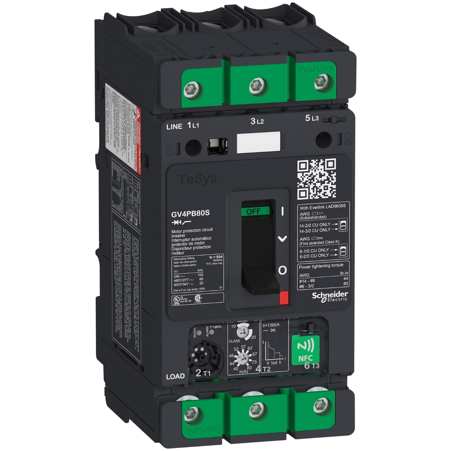 Motor circuit breaker, TeSys Deca, 3P, 80A, Icu 100kA, thermal magnetic, multifunction, UL489