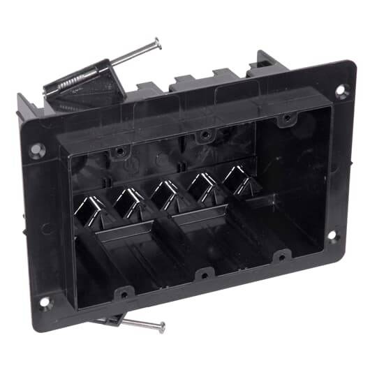 Three-Gang Universal Flanged Nail-On Box, Volume 54 Cubic Inches, Length 3-1/2 Inches, Width 5-3/4 Inches, Depth 3-1/4 Inches, Color Black, Material Polycarbonate, Mounting Means Angled Side Nails