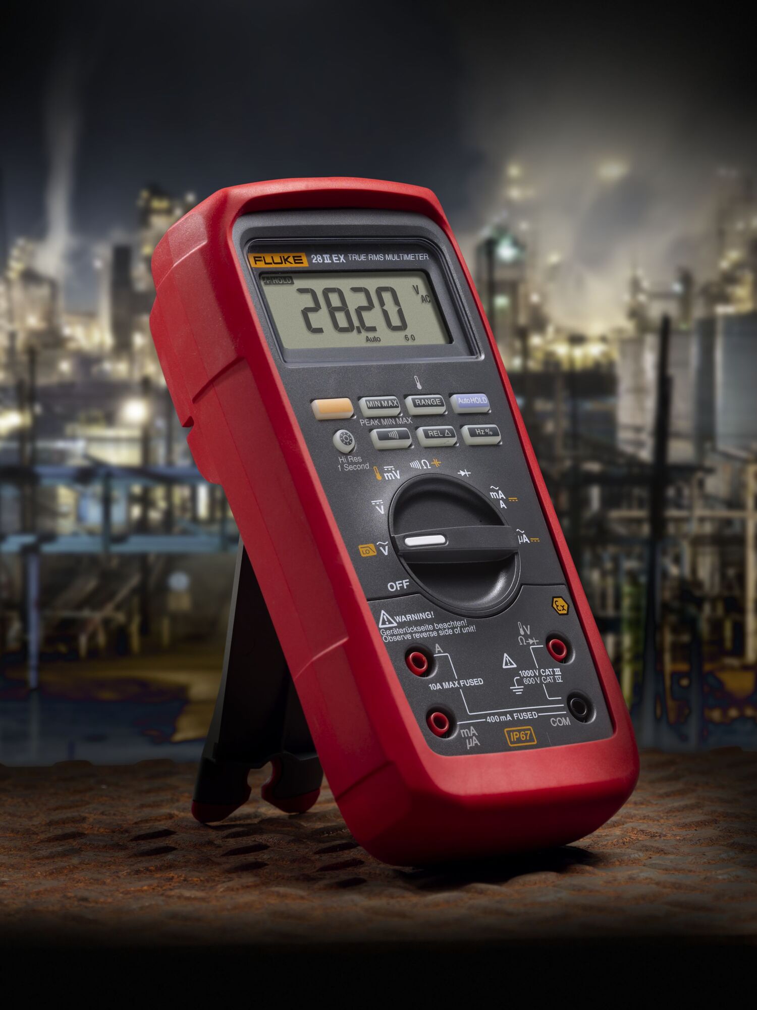 The Fluke 27 II and 28 II digital multimeters define a new standard for operating in harsh conditions with the features and accuracy to troubleshoot most electrical problems. Both meters have IP 67 (waterproof and dustproof) rating, MSHA approvals, extended operating temperature range of -15 degrees Celsius to +55 degrees Celsius (5 degrees Fahrenheit to 131 degrees Fahrenheit, -40 degrees Celsius for up to 20 minutes) and 95   humidity, and have been designed and tested to withstand a 3 m (10 ft) drop. The Fluke 20 Series Multimeters are built to work in the toughest environments.