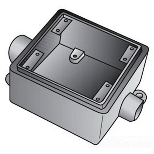 OZ-Gedney Type FSC-2 Shallow Cast Device Box, Number Of Outlet: 2, Gray Iron, Size: 3/4 IN, Ridge Top Construction, Cable Entry: (2) 3/4 IN Hubs, 33.2 CU-IN Capacity, No, 4-11/16 IN Width, 2-3/8 IN Depth, 4-11/16 IN Height, Finish: Zinc Elec