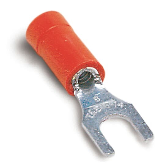 Vinyl-Insulated Fork Terminal, Length .97 Inches, Width .31 Inches, Maximum Insulation .150, Bolt Hole #10, Wire Range #22-#16 AWG, Color Red, Copper, Tin Plated
