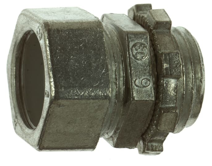Connector, Non-Insulated Compression, Conduit Size 1/2 Inch, Length 1-1/4 Inch, Width 1 Inch, Die Cast Zinc, For use with EMT Conduit