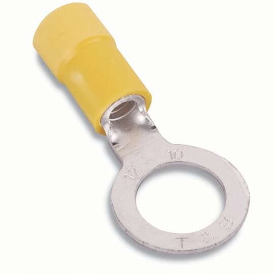 Expanded Vinyl-Insulated Ring Terminal, Length 1.29 Inches, Width .59 Inches, Maximum Insulation .250, Bolt Hole 3/8 Inch, Wire Range #12-#10 AWG, Color Yellow, Copper, Tin Plated