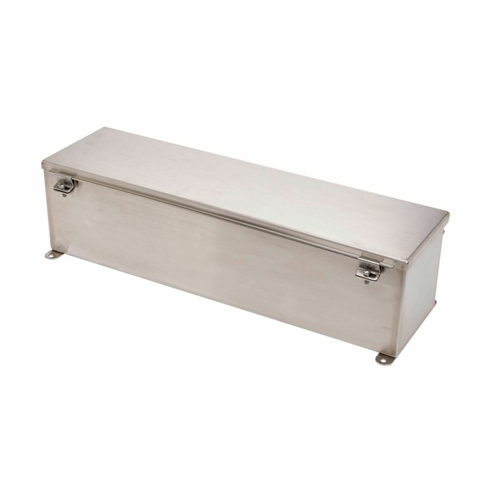 Eaton B-Line series wiring trough, 6" height, 24" length, 6" width, 4XSWT wiring trough, Welded external mounting feet, Hinged cover, NEMA 4X, 304 stainless steel, Seamless poured in-place, Hinged, #4 brushed finish, 14 gauge