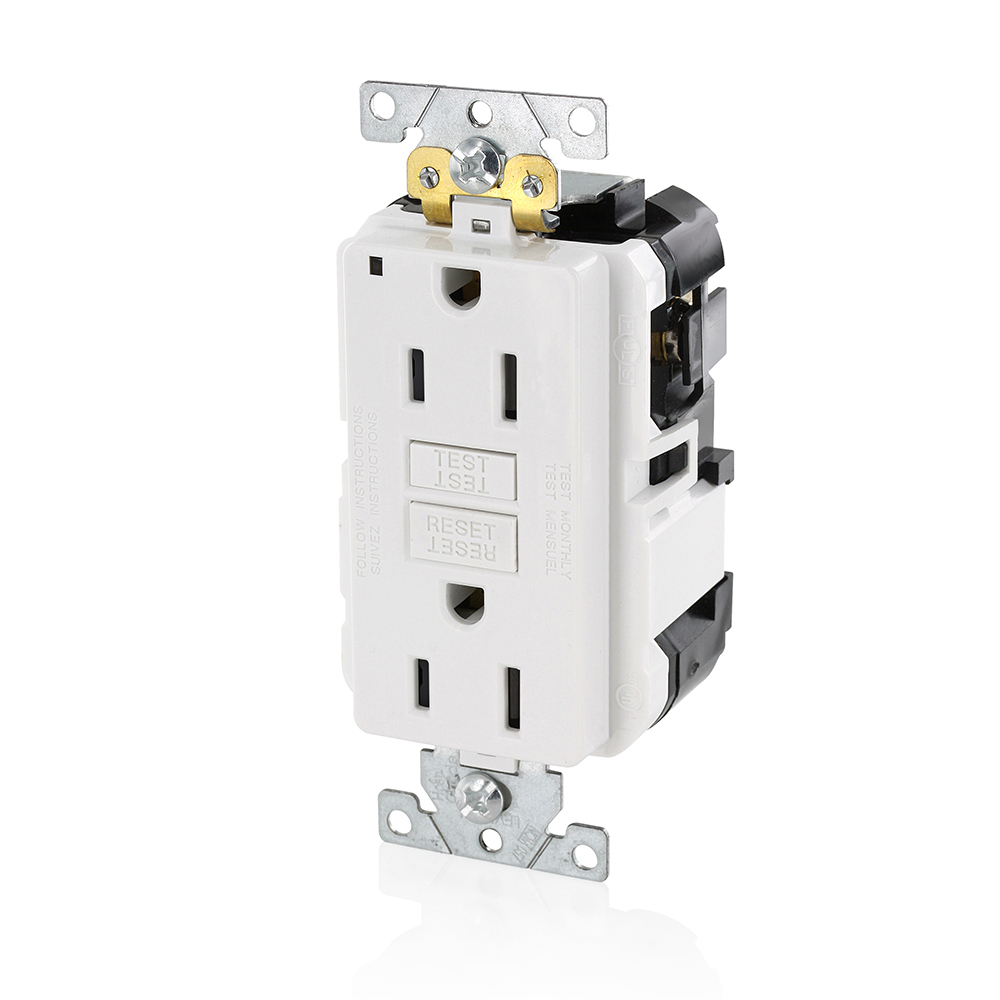 15 Amp, 125 Volt, SmartlockPro Slim Lev-Lok GFCI Self-Test Receptacle, Extra-Heavy Duty Industrial Grade, 20A Feed-Through,NEMA 5-15R, 2P, 3W, Modular Terminals  WHITE