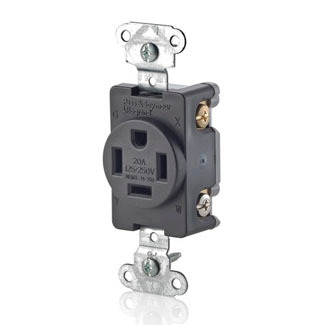20-Amp, 125/250V Single Receptacle, Straight Blade, Commercial Grade, Grounding, Black