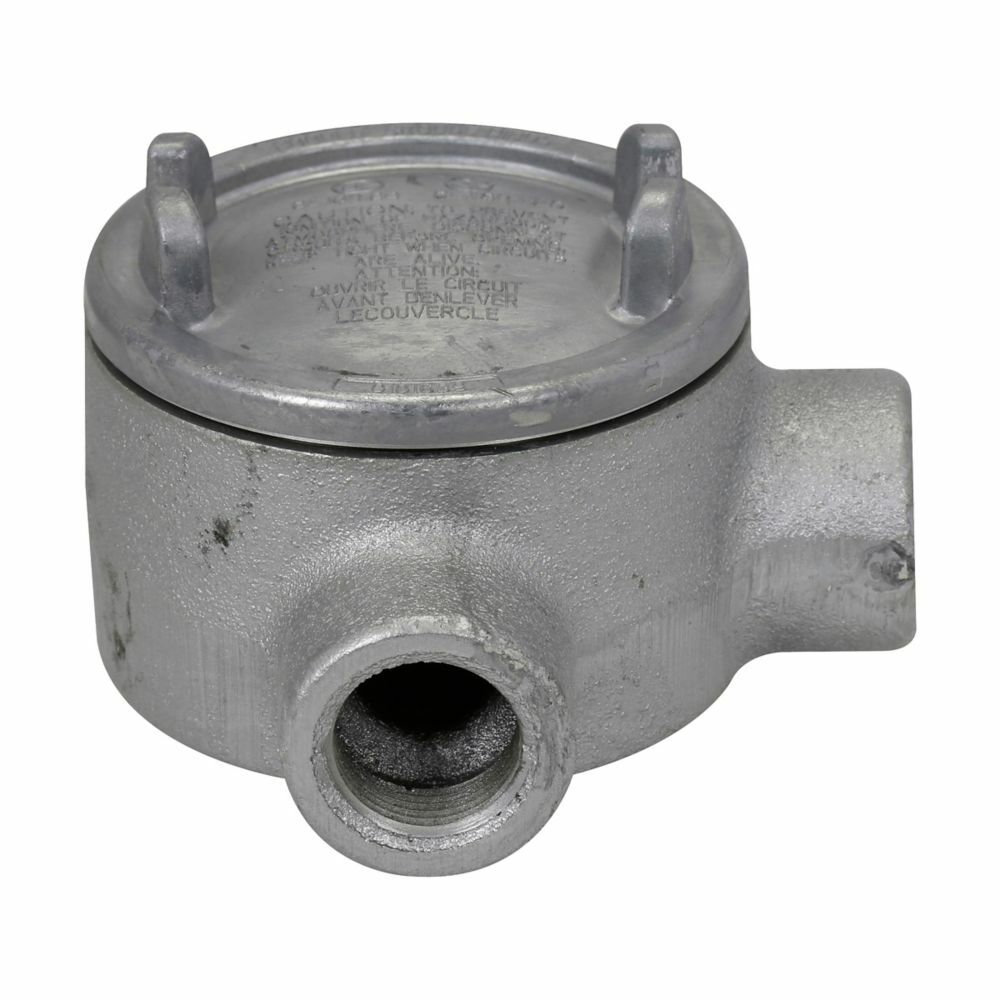 Eaton Crouse-Hinds series Condulet GUA conduit outlet box with cover, 3" cover opening diameter, Feraloy iron alloy, M shape, 3/4"