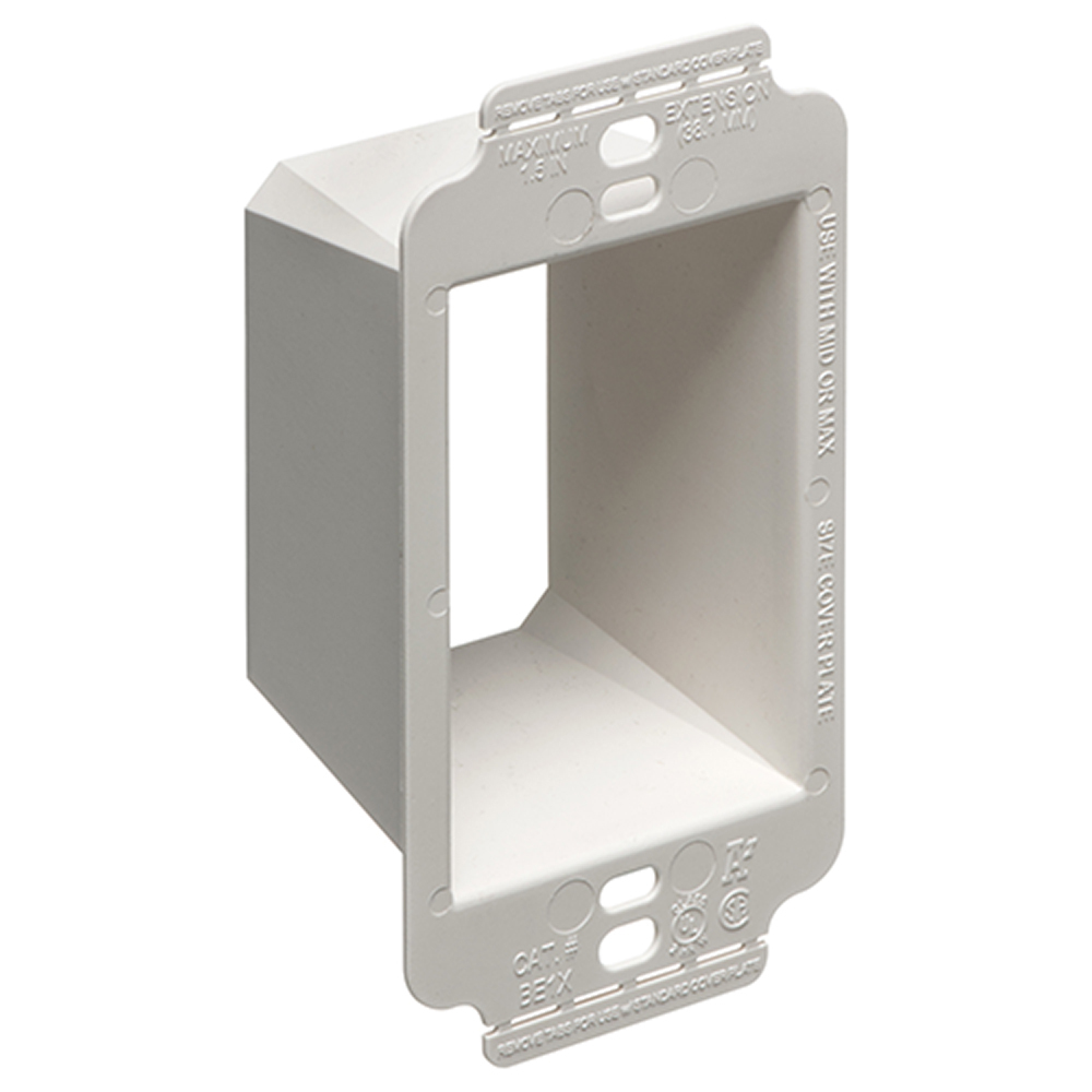 Better device support in oversized or miscut wall openings. Box Extender, levels and supports the wiring device where the box is set back from the wall surface extends the box up to 1-1/2". 2 hour fire rating. Single Gang.