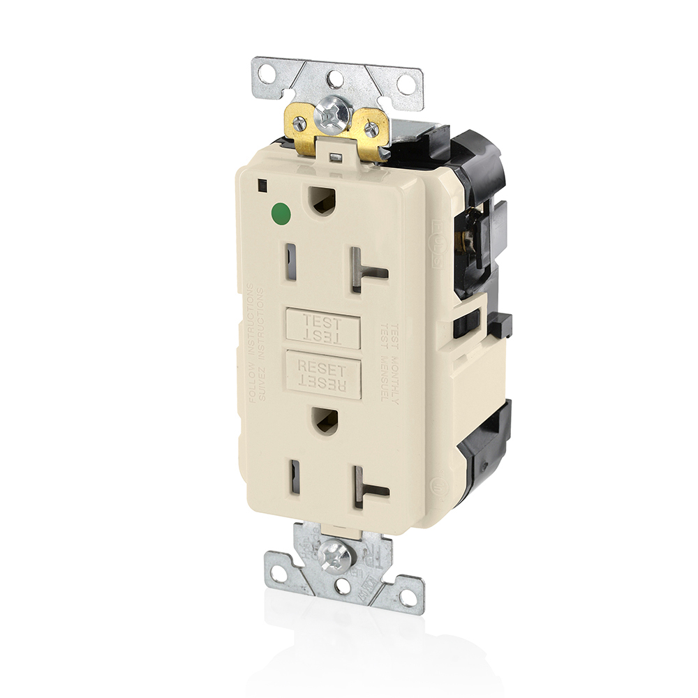 20 Amp, 125 Volt, SmartlockPro Slim Lev-Lok  Self-Test GFCI Receptacle, Extra-Heavy Duty Hospital Grade, Tamper-Resistant, 20A Feed-Through, NEMA 5-20R, 2P, 3W, Modular Terminals  LIGHT ALMOND