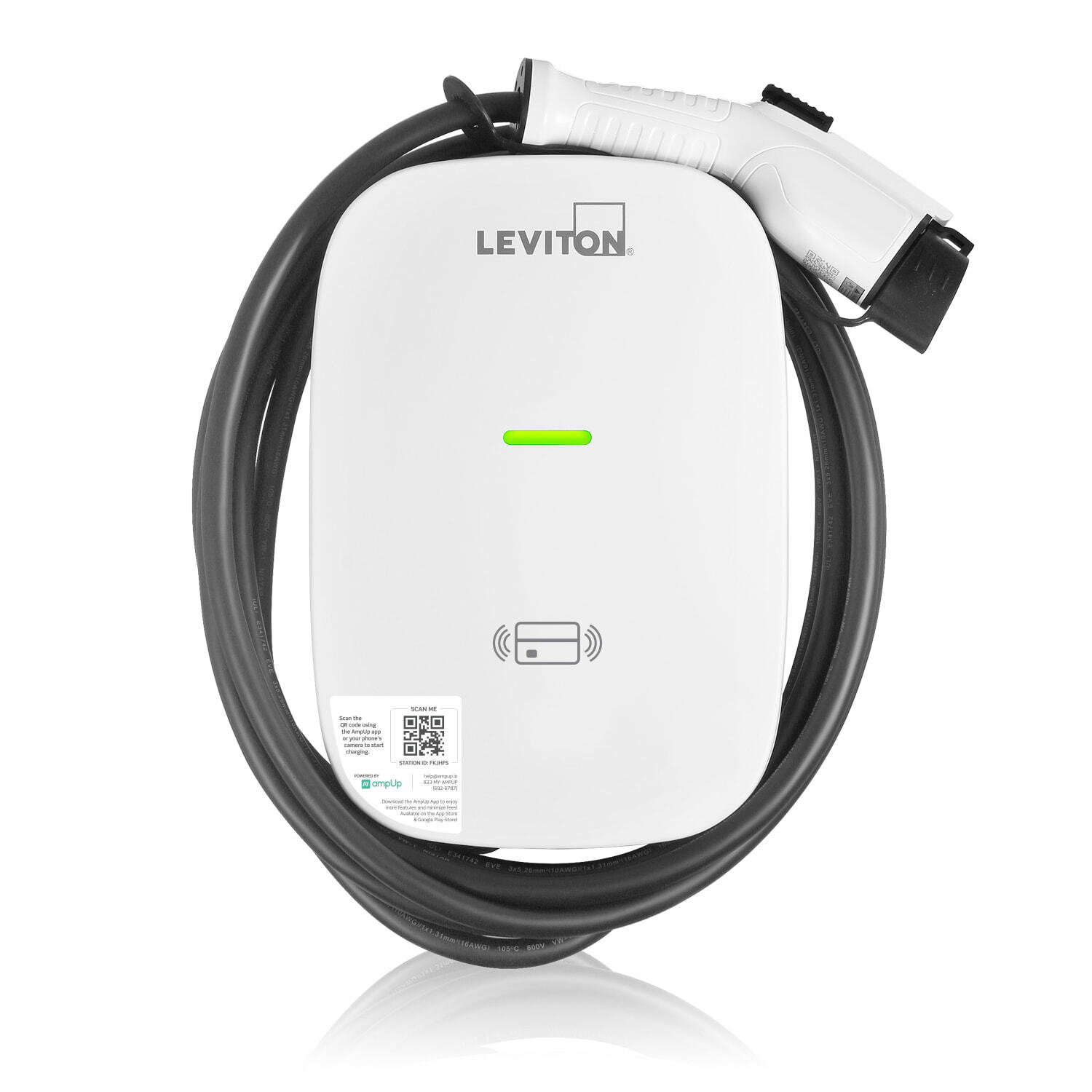 EV Series Pro Level 2 Electric Vehicle Charging Station, 80A, 208/240 VAC, 19.2kW Output, J1772 Charge Connector, 18' Cord, Includes Mounting Bracket and Pre-Attached Input Cable, HARDWIRED ONLY, Features AmpUp Charging Station Management Software