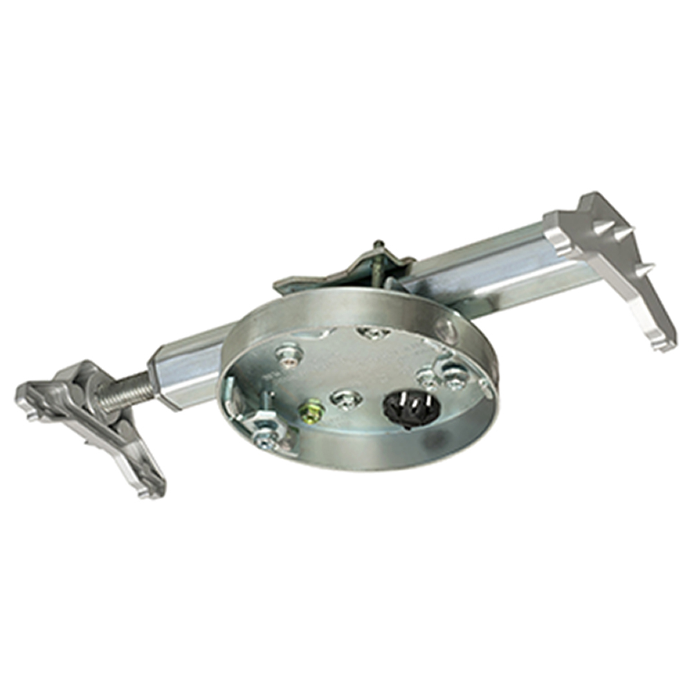Steel fan and fixture pan box with adjustable mounting bracket for wood I-joists in existing construction. Set 12" to 16" on center for 1/2" or 5/8" drywall ceilings. 8.0 cu. in.