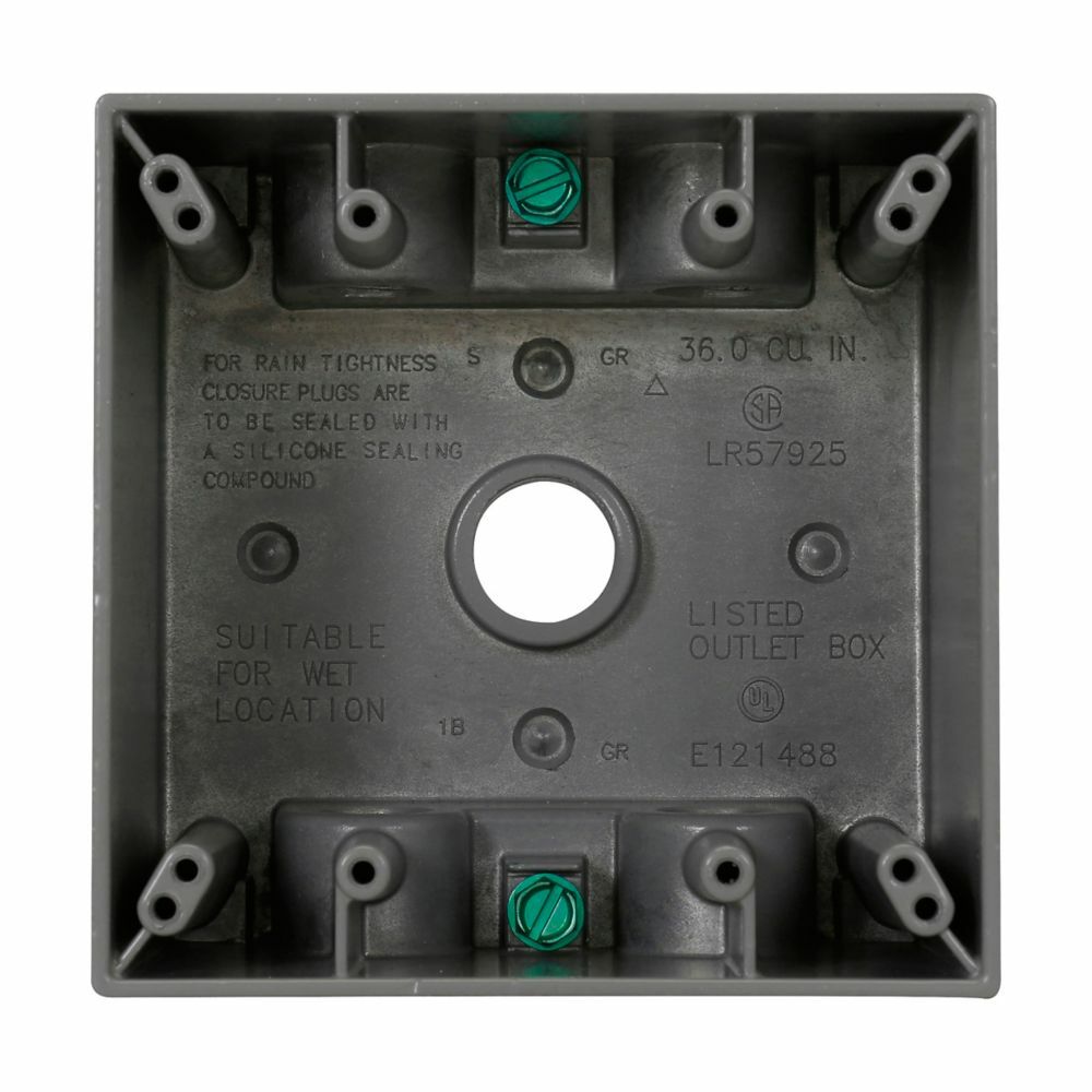 Eaton Crouse-Hinds series weatherproof outlet box, 37.0 cu in, Gray, 2-5/8" deep, Die cast aluminum, Two-gang, (5) 1" outlet holes
