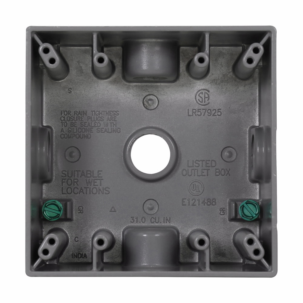 Eaton Crouse-Hinds series weatherproof outlet box, 30.5 cu in, Gray, 2" deep, Die cast aluminum, Two-gang, (5) 1/2" outlet holes, one hole around each of the four sides, one hole in the back