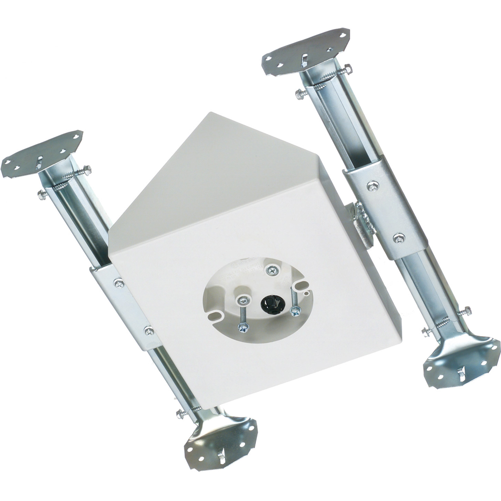 Fan and fixture mounting box for new construction. Fits cathedral ceilings up to 80 degrees or larger. 70lb, 200lb fixture. Paintable textured finish. 14.5 cu. in. 8" square mounting surface handles fans with larger canopies. Expandable bracket holds box securely between joists.