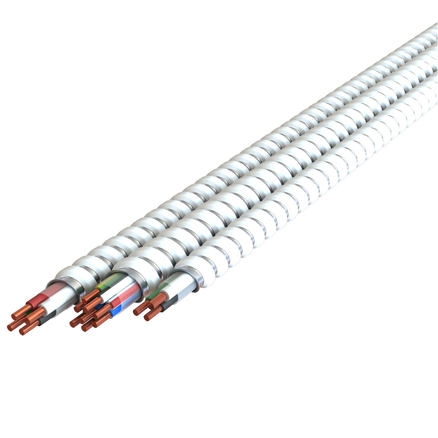12-2/12-2/12-2 BK RD WE/BK WE/RD 2GN Super Neutral Cable, White Interlocked Galvanized Steel Armor , 250' Coil, Type MC - Neutral Per Phase/Oversized Neutral