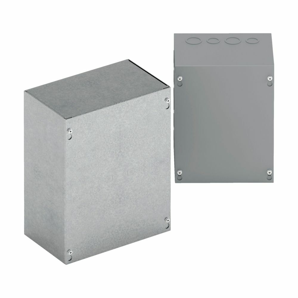Type 1 junction boxes, 12" height, 4" length, 8" width, NEMA 1, Screw cover, SC NK enclosure, Surface mounted, Small single door, No knockout, Thru holes, Carbon steel