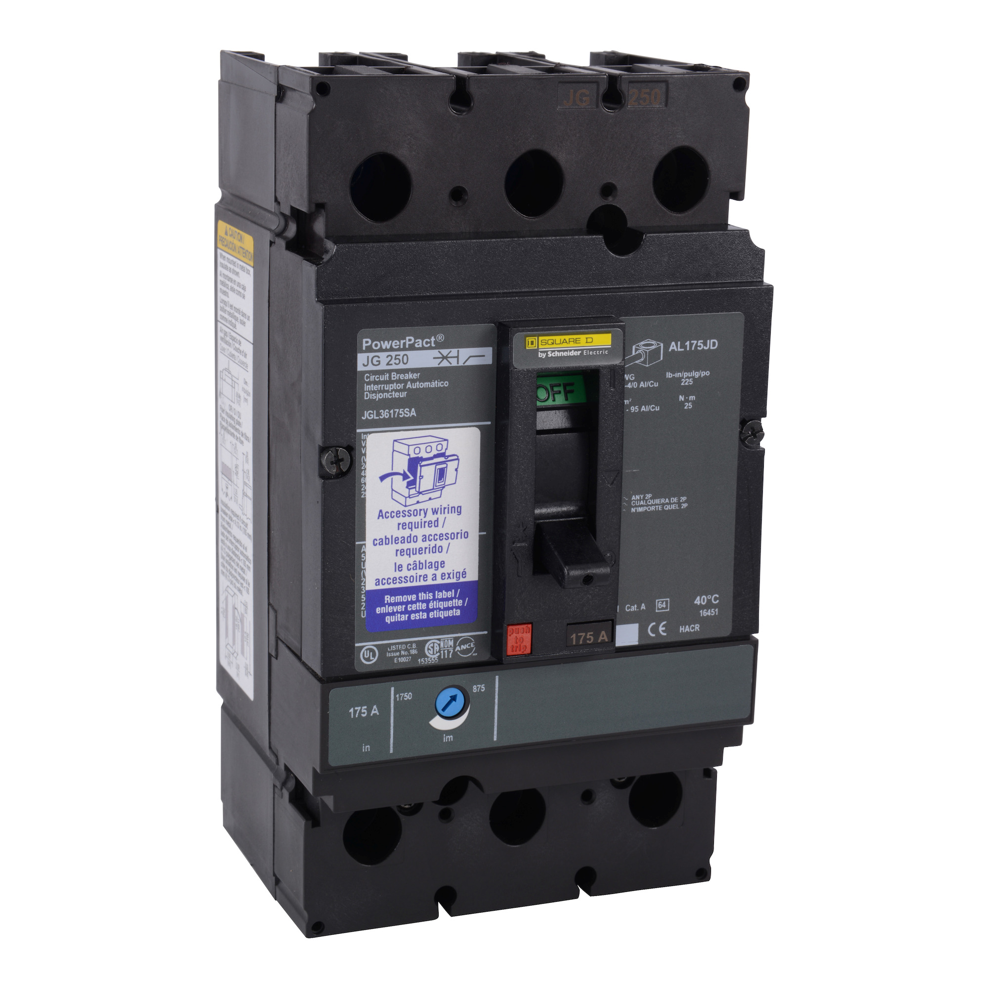 Circuit breaker, PowerPacT J, 250A, 3 pole, 600VAC, 18kA, lugs, thermal magnetic, 80%, shunt