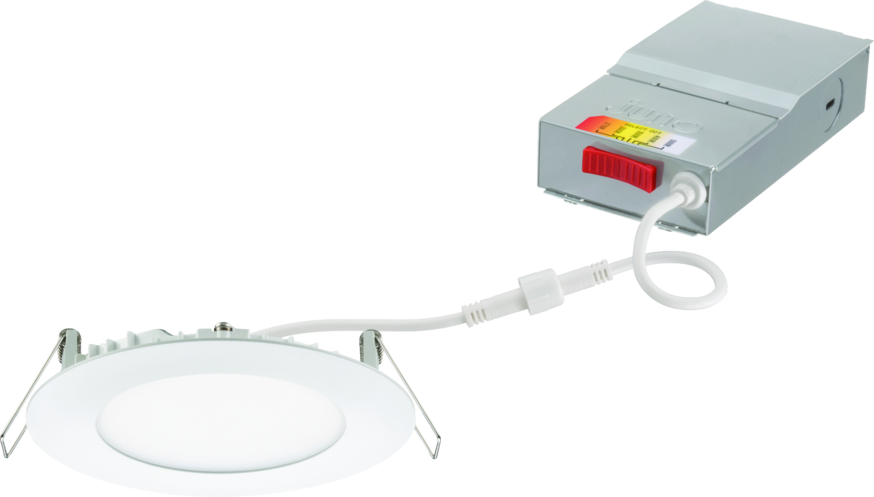 The 4-inch Juno Wafer LED Downlights with Switchable White provides high-quality light output and efficiency and features a switch for easy color temperature adjustment, while eliminating the need for recessed housings. The innovative Switchable White feature incorporates a switch on each fixture for simple color temperature adjustment. Too warm or too cool? Simply toggle the integrated switch to your desired setting (3000K factory default) and you are done! Whatever your application, luminaires with Switchable White are sure to give you the feel and flexibility that you need.