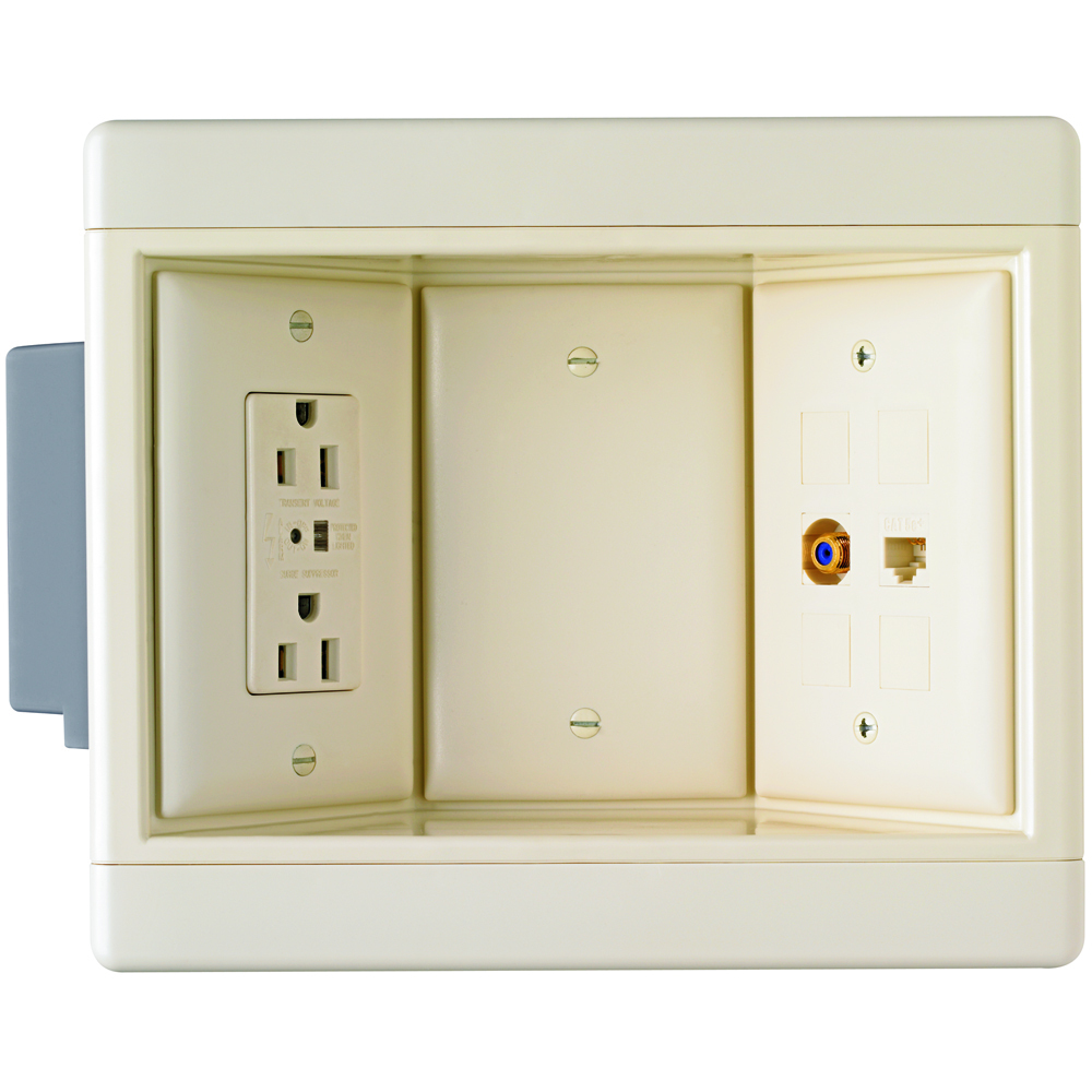ThreeGang Recessed TV Box with TVSS and Low-Voltage Kit. Includes TVSS Duplex Receptacle, Cat5e Jack, F-Connector, Blanks and Wall Plates. Light Almond.