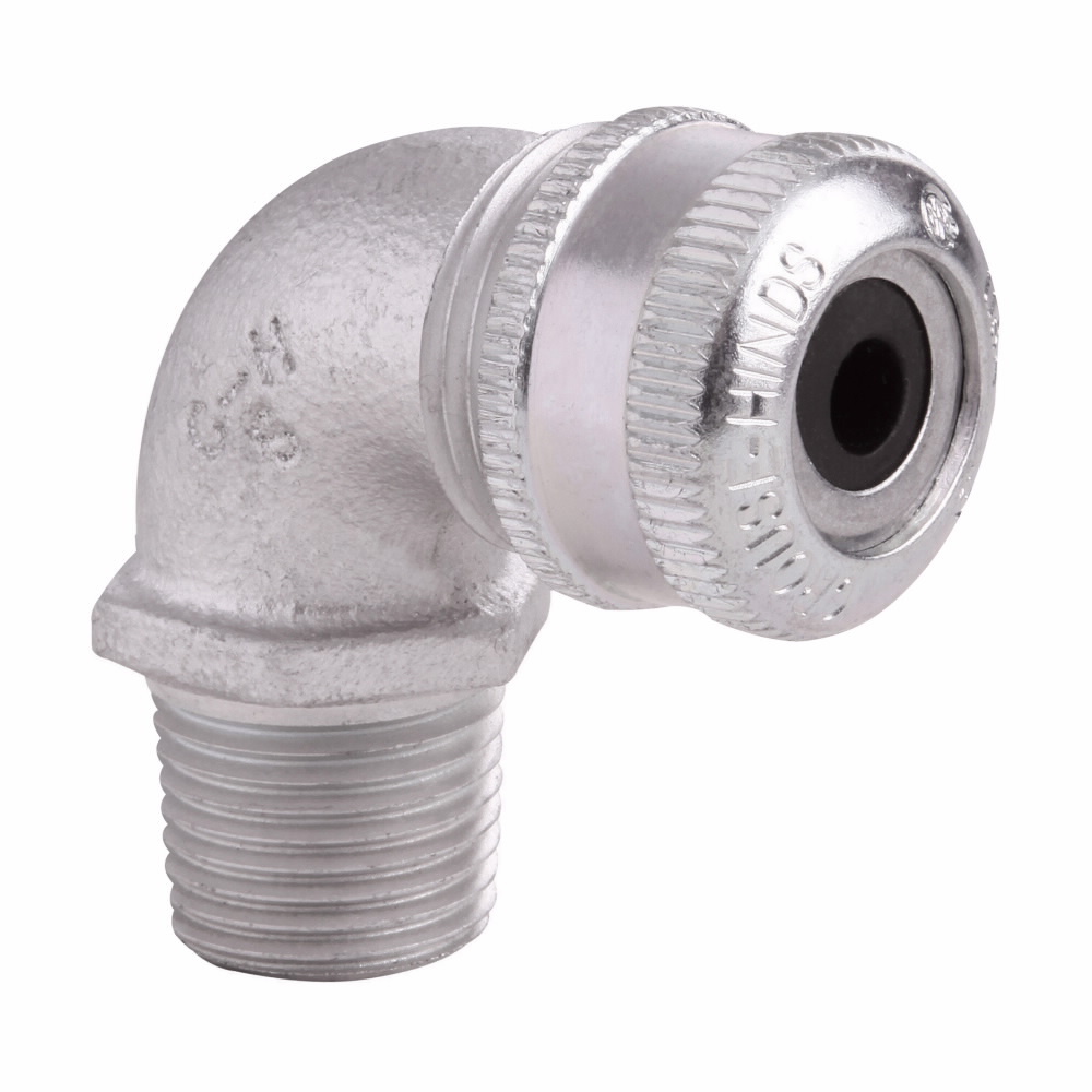 Eaton Crouse-Hinds series CGE cable gland, Cable range min/max: 0.250-0.375", Non-armoured and tray cable, 90 angle, Non-armoured gland, Feraloy iron alloy, General purpose, 3/4" NPT