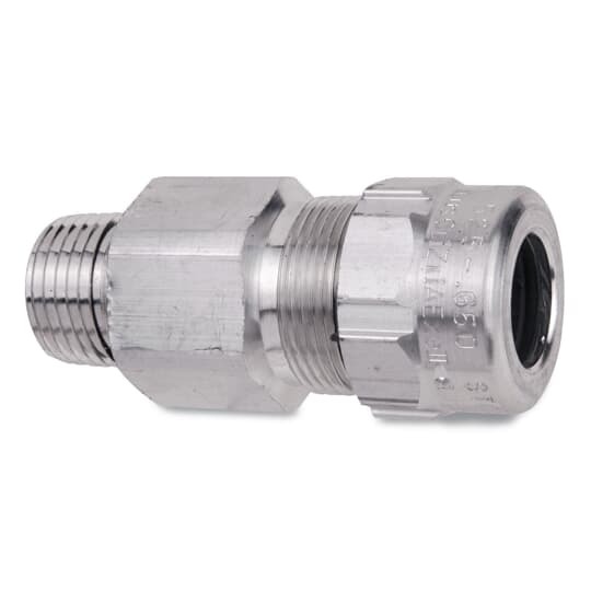 Star Teck aluminum jacketed cable fitting. Hub size of 1-1/4 inch. Range over jacket from 1.600 - 1.875 inch.