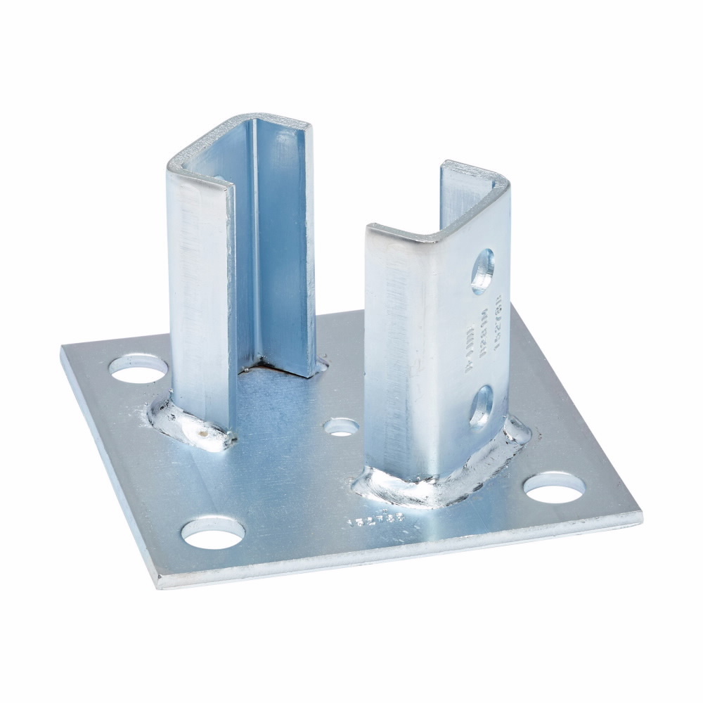 Eaton B-Line series post base, 3.5" H x 6" L x 6" W, Steel, Electro-plated, Post base for B22-2PL, Square post base, centered offset