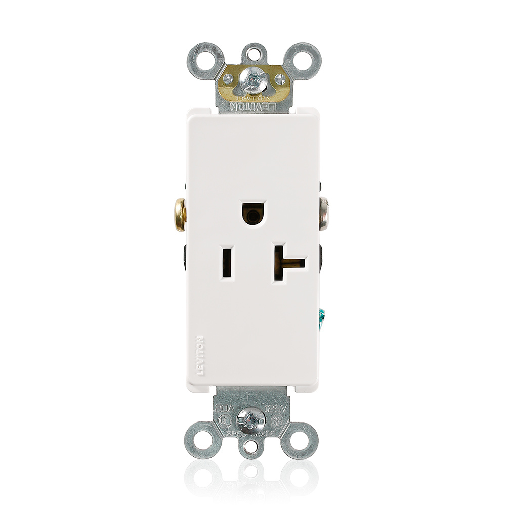20 Amp, 125 Volt, NEMA 5-20R, 2P, 3W, Decora Plus Single Receptacle, Straight Blade, Commercial Grade, Self-Grounding, , , Back & Side Wired, Steel Strap, - White