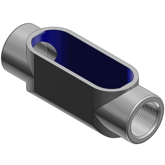 BlueKote Thru-Feed Form 7, 1 Inch Conduit Body, Body Material Gray Iron with Zinc Plating and Baked On Epoxy Powder Coat with BlueKote Internal Coating for Use with Rigid/IMC Conduit