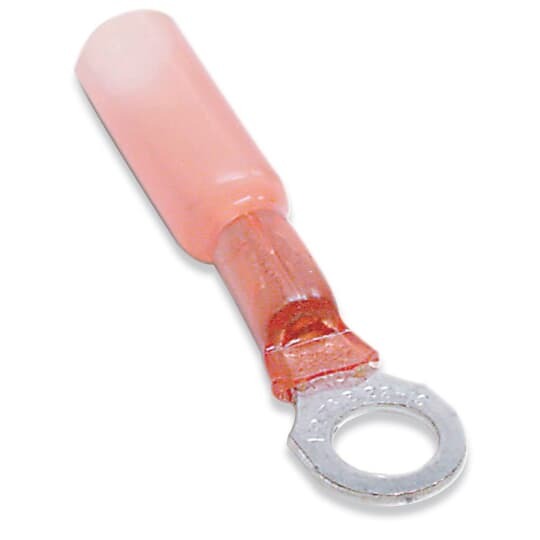 Heat Shrinkable Ring Terminal, Length 1.26 Inches, Width .31 Inches, Maximum Insulation .170, Bolt Hole #10, Wire Range #22-#18 AWG, Color Red, Copper, Tin Plated