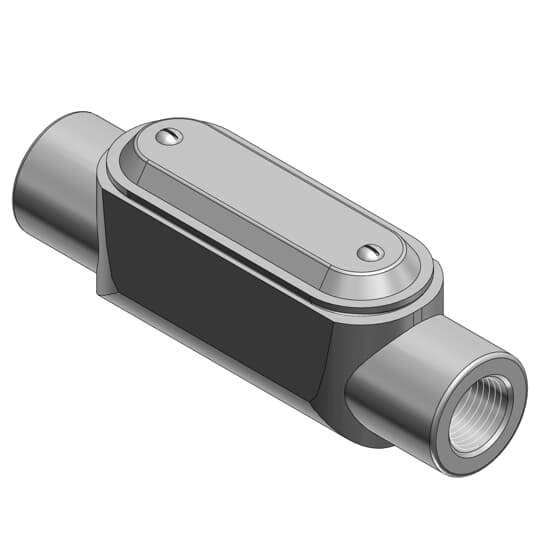 3/4 Inch BlueKote Thru-Feed Form 7 Pre-Assembled Conduit Body, Cover and Gasket, Body Material Gray Iron/Zinc Plating and Baked On Epoxy Powder Coat with BlueKote Internal Coating, Cover Material and Finish Stamped Steel/Zinc Plating