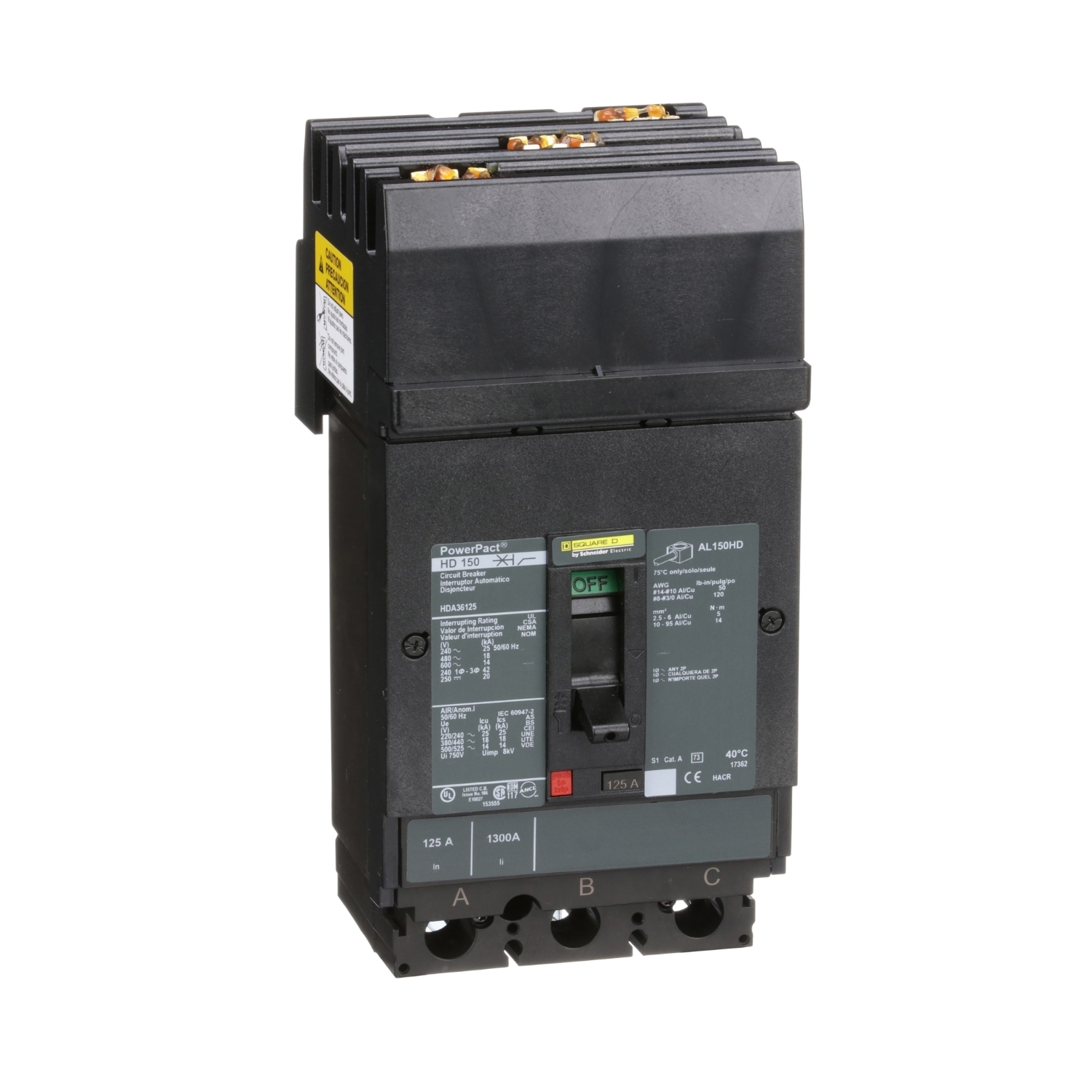 Circuit breaker, PowerPacT H, 125A, 3 pole, 600VAC, 14kA, I-Line, thermal magnetic, 80%, ABC