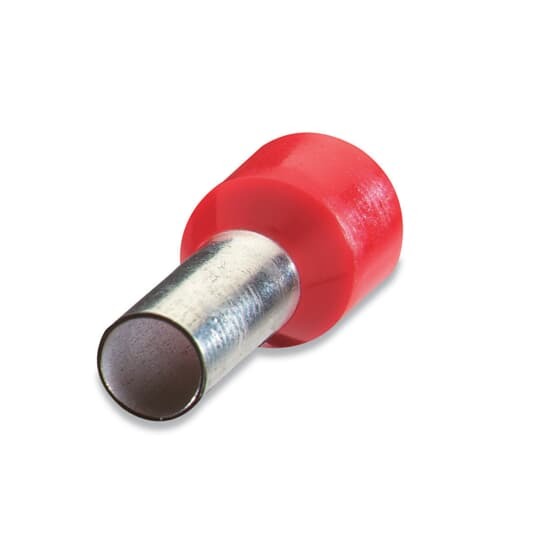 Polypropylene-Insulated Ferrule, Total Length .728 Inches/18.5mm, Pin Length .472 Inches/12mm, Pin Diameter .059 Inches/1.5mm, Base Diameter .118 Inches/3.0mm, Wire Range 18 AWG/1.00mm2, Color Red, Copper, Tin Plated