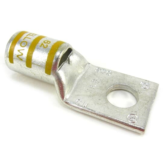 Copper One-Hole Lug, Standard Barrel - Bottom Stacking, Peep Hole, Max 35kV, 250 kcmil Wire, 3/8 Bolt Size, Tin Plated, Die Code 62, Die Color Code Yellow