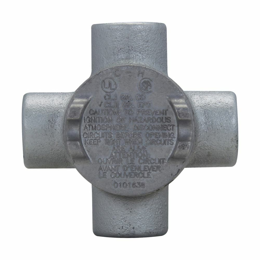 Eaton Crouse-Hinds series Condulet GUA conduit outlet box with cover, 2" cover opening diameter, Feraloy iron alloy, X shape, 3/4"