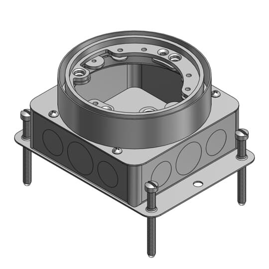 Single Gang Flush Service Floor Box, 47 Cubic Inches, Length 4-11/16 Inches, Width 4-1/4 Inches, Depth 2-3/4 Inches, 1/2 Inch 3/4 Inch Knockout, Galvanized Steel, with Aluminum Trim Ring, For Power or Communications/Data