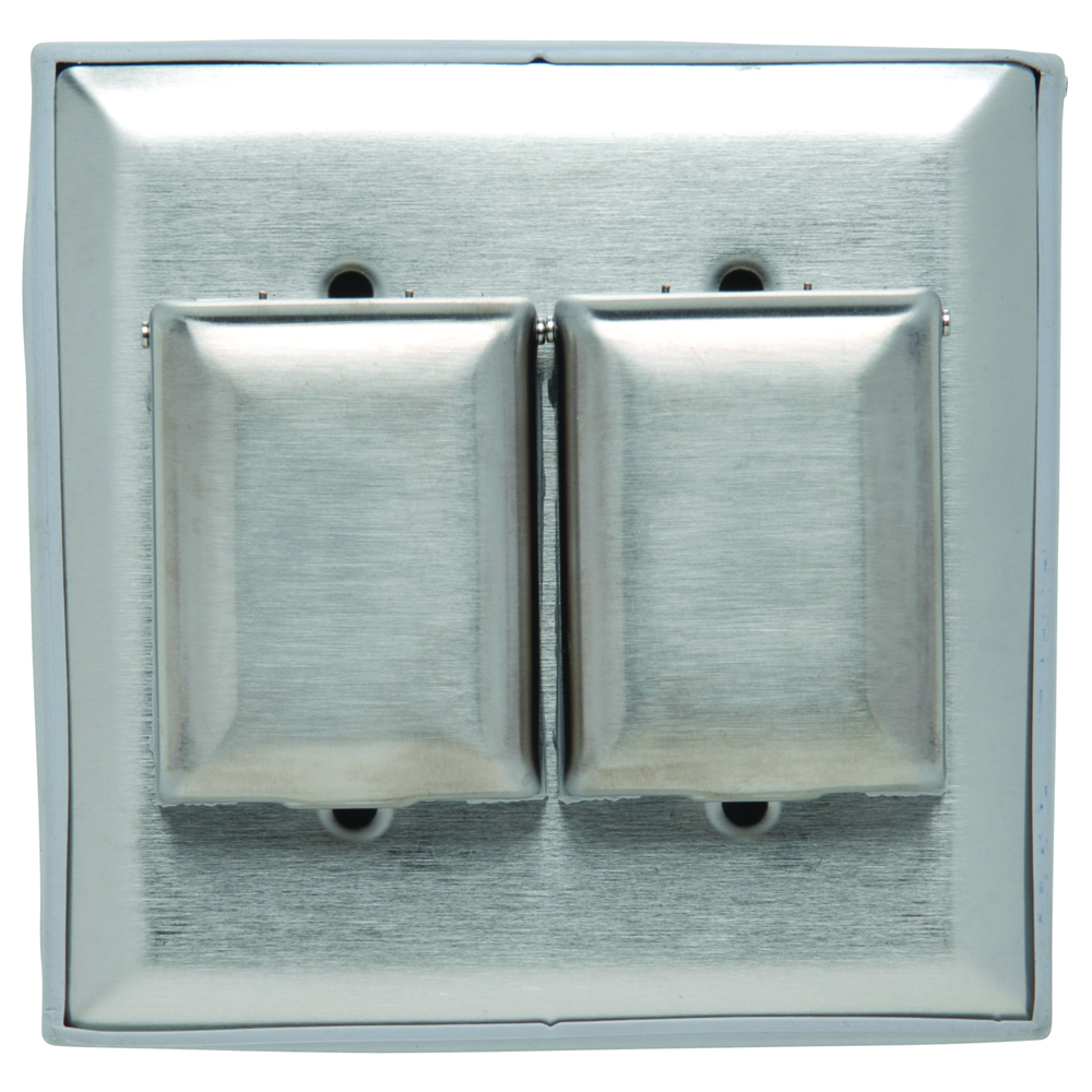 Two toggle switches, two small covers, vertical two gang plate.