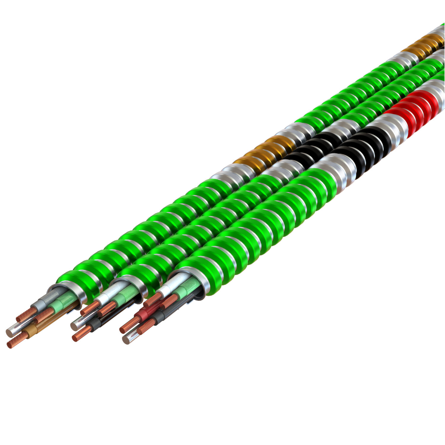 12-2 Solid Red, White, Green - MC Stat Lite, Green Interlocked Aluminum Armor with phase ID - Type MCI-A - Health Care Facilities - 250' Coil