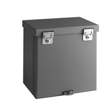 Type 3/3R junction boxes, 8" height, 4" length, 8" width, NEMA 3R, Hinged cover, RTHC enclosure, Surface mounted, Small single door, 4 knockouts, Embossed thru holes, Carbon steel