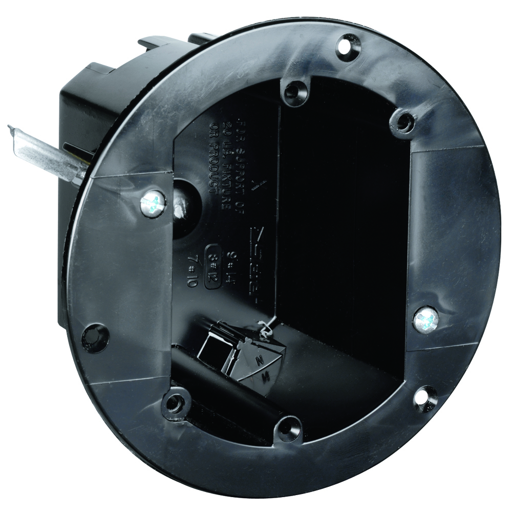 3 3/4 Round Old Work Ceiling Box with Swing brackets for mounting that adjust from 1 1/4 down to 1/8. Four Auto/Clamps, Includes Device mounting holes. 50 pack.