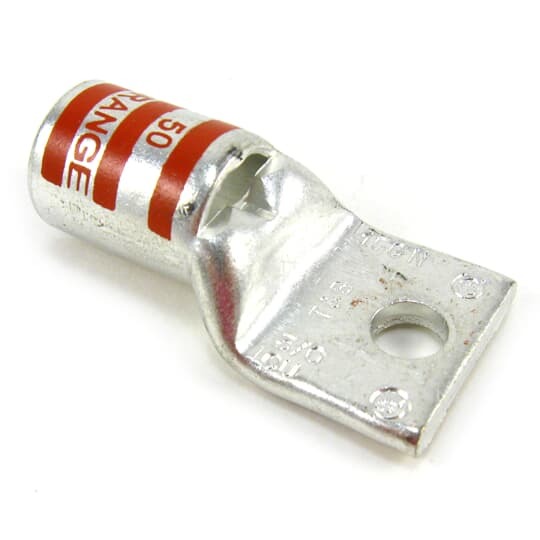 Copper One-Hole Lug, Standard Barrel, Peep Hole, Max 35kV, Wire Size 3/0 AWG, 1/2 Inch Bolt Size, Tin Plated, Die Code 50, Die Color Code Orange