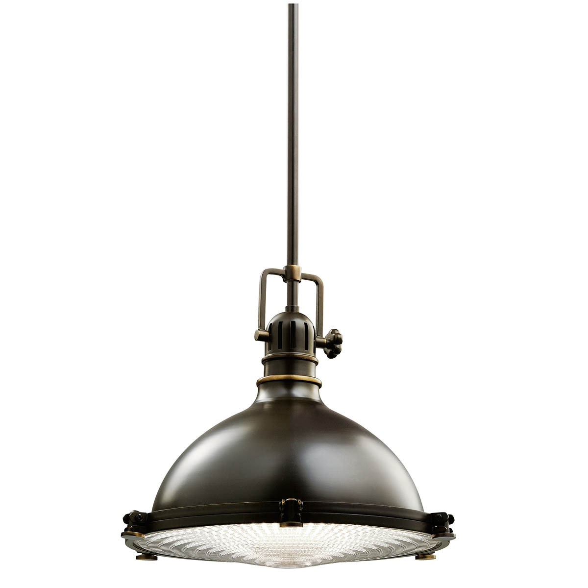The Hatteras Bay(TM) 12in; 1 light pendant features a classic industrial look with its Olde Bronze finish and clear fresnel lens. The Hatteras Bay pendant works in several aesthetic environments, including vintage industrial, traditional and transitional.