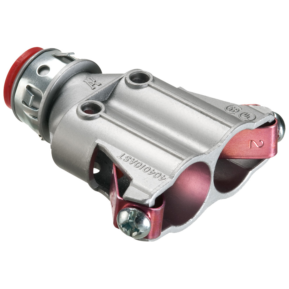 Duplex zinc die-cast, 3/8" Knockout MC cable connector snaps quickly on to the conduit with a removable screw in spring steel clip and then snaps into knockout with external spring steel clip, no tools required. Concrete tight when taped. Red tinted internal clip indicates easier insertion of conduit and comes with Insulated throat.