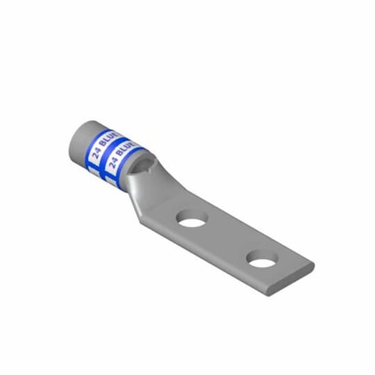 Copper Two-Hole Lug, Standard Barrel, Peep Hole, Max 35kV, Wire Size 3/0 AWG, 1/2 Inch Bolt Size, 1-3/4 Inch Hole Spacing, Tin Plated, Die Code 50, Die Color Code Orange