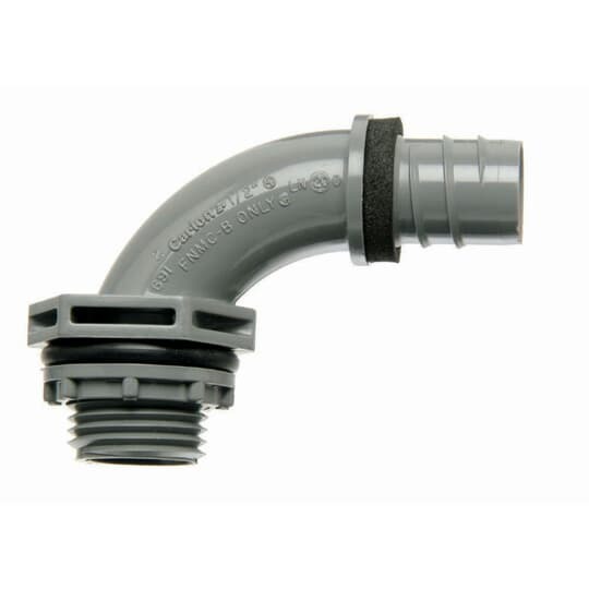 1 Inch, 90 Degree, One-Piece Liquidtight Non-Metallic Fitting, CSA, UL E32447, Temperatures up to 60 Degrees C, PVC, In Carton, Grey