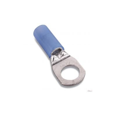 Nylon Insulated Large Ring Terminal, Length 1.76 Inches, Width .61 Inches, Maximum Insulation .420, Bolt Hole 5/16 Inch, Wire Range 6, Color Blue, Copper, Tin Plated